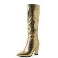 PanaLuxe Chrome Boots Women Elegant Block High Heel Boots Silver Knee High Boots Pull On Evening Dress Boots Below Knee Gold 4