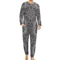 Black Mandala Paisley Comfortable Mens Pyjamas Set Round Neck Long Sleeve Loungewear with Pockets 4XL