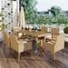 7-Piece Outdoor Dining Table Set for 6, All Weather PE Rattan Patio ConversationSet w/ Acacia Wood Tabletop & Removable Cushion