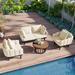 Modern 4-Piece Outdoor Iron Frame Conversation Set w/Acacia Wood Round Coffee Table, Patio Chat Set for Backyard, Deck, Poolside