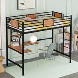 Metal Loft Bed Twin Size with Built-in Desk and Shelf, Metal Twin Loft Bed with Guardrail, Twin Loftbed Frame Metal Bedframe