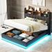 Queen Size Upholstered Platform Bed with Storage Headboard and Hydraulic Storage System, PU Storage Bed with LED Lights