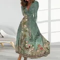 Robe Maxi à Imprimé Floral pour Femme Élégante Col en V Manches sulf Taille Haute Ligne A