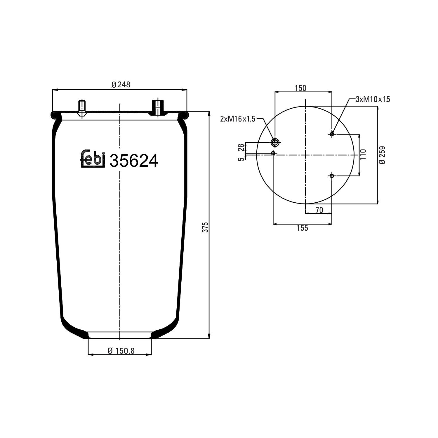 FEBI BILSTEIN Federbalg, Luftfederung Universal hinten rechts links ohne Kolben 248mm für DAF 0067504 67504 35624 Image