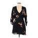 Amuse Society Casual Dress - Mini Plunge 3/4 sleeves: Black Floral Dresses - Women's Size Medium