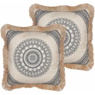 Dekokissen 2er Set Beige / Schwarz 45 x 45 cm Quadratisch mit Fransen Orientalisches Muster Boho Image