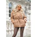 Tan Drawstring Luxury Fur Padded Belted Coat