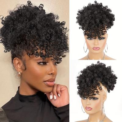 Afro Puff Drawstring Ponytail Extensions With Bangs Pineapple Updo Hair For Women Short Kinky Curly Ponytail Hair Bun