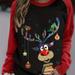 Merry Christmas Print Long Sleeve T-shirt, Crew Neck Color Block Top For Fall & Winter, Women's Clothing