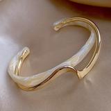 18k Gold Plated Wave Shape Cuff Bangle Inlaid Faux Pearl, Women's Minimalist Style Jewelry