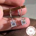925 Sterling Silver Hypoallergenic Hoop Earrings With Square Zircon Pendant Simple Elegant Style Suitable For Women Wedding