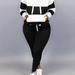 Plus Size Casual Outfits 2 Piece Set, Women's Plus Colorblock Stripe Print Long Sleeve Drawstring Hoodie Sweatshirt & Joggers Outfits 2 Piece Set