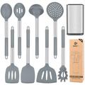 Silicone Cooking Utensil Set with Holder, 8 Pcs Non-stick Cookware with Stainless Steel Handle, BPA Free Heat Resistant Kitchen Tools with Spatulas, Turners, Spoons, Skimmer and Pasta Fork (GRAY)