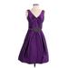 Theia Cocktail Dress - A-Line V-Neck Sleeveless: Purple Print Dresses - Women's Size 4