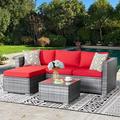 Outdoor Furniture Patio Sets Low Back All-Weather Small Rattan Sectional Sofa with Tea Table&Washable Couch Cushions Upgrade Wicker Silver Gray Rattan 3-Piece (Aegean Blue)