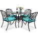 VIVIJASON 5-Piece Outdoor Patio Dining Set All-Weather Cast Aluminum Conversation Set Patio Furniture Set Include 4 Cushioned Chairs a 35.4 inch Round Table w/Umbrella Hole Ocean Blue Cushion