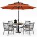 VILLA 5 Piece Outdoor Dining Set with 10ft Umbrella 37 Square Metal Dining Table & 4 Cushioned Metal Chairs & 3-Tier Beige Umbrella for Patio Deck Yard Porch