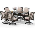 & William Patio Table and Chairs with 10ft 3 Tier Auto-tilt Beige Umbrella 6 Piece Outdoor Table Furniture Set with 4 Padded Swivel Rocker Dining Chairs 1 Square Metal Table and 1 U