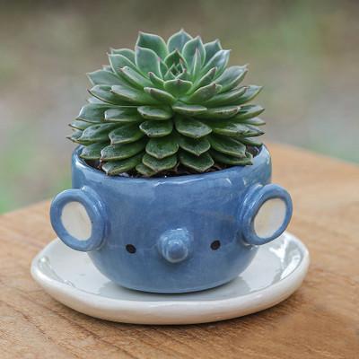 Sweet Elephant,'Ivory and Blue Ceramic Elephant Mini Flower Pot with Saucer'