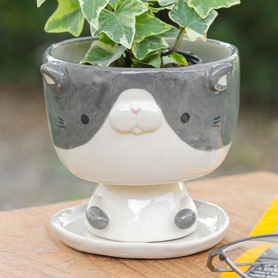 'Cat-Shaped Ivory Grey Ceramic Mini Flower Pot with Saucer'