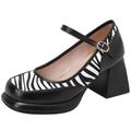 Women Square Toe Mary Janes Shoes Block Heel Platform Zebra Print Pumps Wedding Party Dress Shoes(Black,UK Size 2)