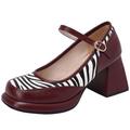 Women Square Toe Mary Janes Shoes Block Heel Platform Zebra Print Pumps Wedding Party Dress Shoes(Burgundy,UK Size 8)