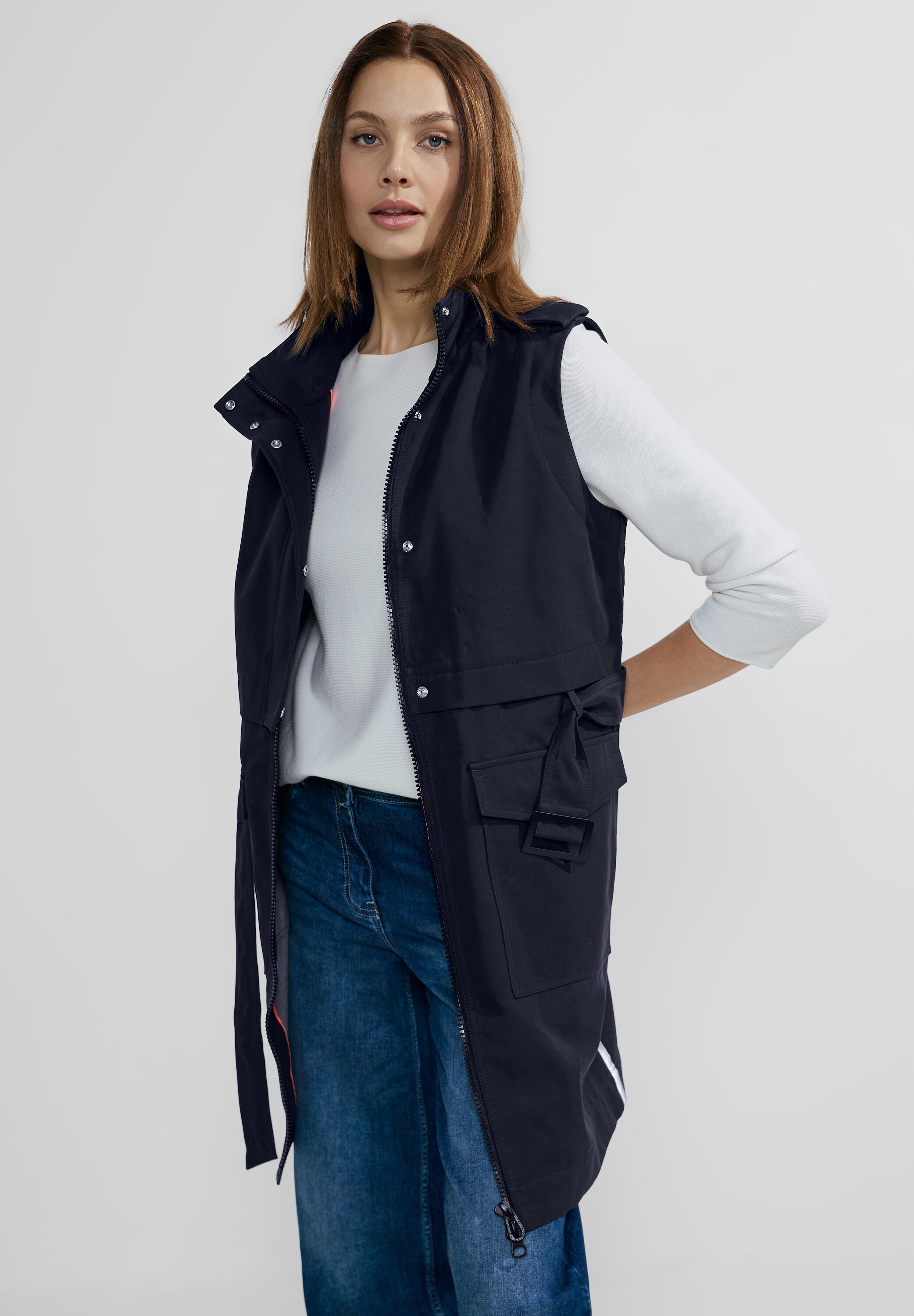 Longweste CECIL, Damen, Gr. S (38), blau (tiefblau), Web, 64% Baumwolle, 36% Polyester, unifarben, gerade hüftbedeckend, ohne Ausschnitt, Westen, mit Reverskragen Image