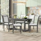 7-Piece Retro Solid Wood Rectangular Dining Table with 6 Linen Upholstered Chairs and Slightly Curve Ergonomic Seat Back
