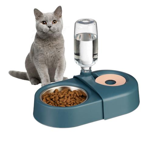 Futternapf mit Wasserspender, Katzen & kleine Hunde, 500 ml Flasche, Edelstahl Katzennapf,