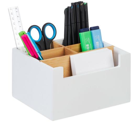 Schreibtisch Organizer, Bambus, 5 Fächer, für Bürobedarf & Kosmetik, Stiftehalter, hbt: 9,5 x 18 x