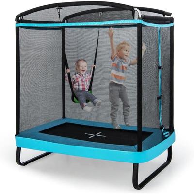 2 in 1 Kindertrampolin mit Schaukel, Gartentrampolin rechteckig mit Sicherheitsnetz & Image