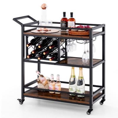 Costway 3-tier Bar Cart on Wheels Home Kitchen Serving Cart with Wine Rack and Glasses Holder-Rustic Brown
