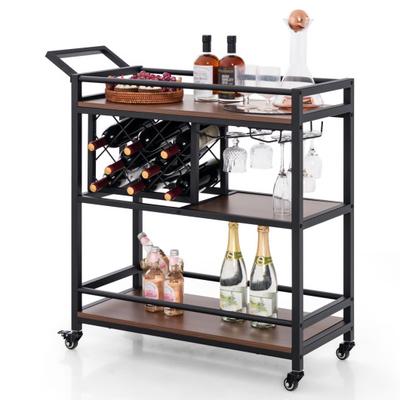 Costway 3-tier Bar Cart on Wheels Home Kitchen Serving Cart with Wine Rack and Glasses Holder-Brown