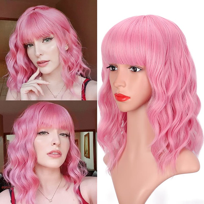 Hot Pink Wig with Bangs Short Bob Wavy Curly Wig Shoulder Length Hot Pink Wigs for Women Synthetic Hair Colorful Wig for Halloween Costume Cosplay 14 Inch