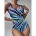 Women's Swimwear One Piece Monokini Bathing Suits Normal Swimsuit Open Back Printing High Waisted Striped Scoop Neck Sports Fashion Bathing Suits