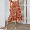 Women's Skirt A Line Wrap Skirt Bohemia Midi High Waist Skirts Ruffle Floral Print Floral Casual Daily Weekend Summer Polyester Fashion Casual Boho Wine Navy Blue