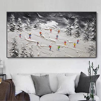 Original White Snow Skiing Painting on Canvas Hand-painted Mountain Art Texture Wall Art Personalized Gift horizontal canvas wall art No Frame