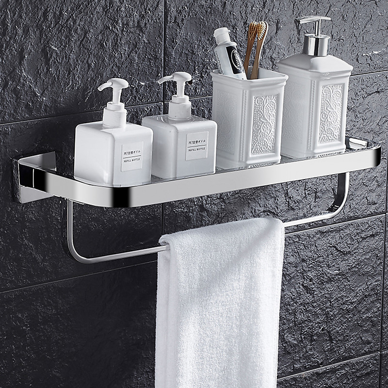 Shower Caddy Modern Bath Multifunctional Storage Rack With Towel Bar Stainless Steel Thickened Towel Rack Bathroom Tempered Glass Cosmetics Bathroom Supplies Storage Rack
