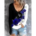 Women's T shirt Tee Henley Shirt Rose Floral Casual Holiday Button Print Black Long Sleeve Fashion Crew Neck Spring Fall
