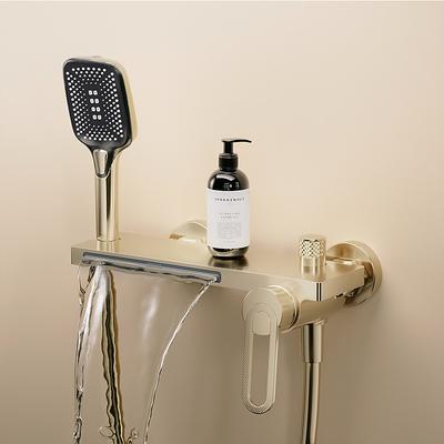 Waterfall Bathtub Faucet, Minimalist Style Bathroom High Pressure High Flow Bath Shower Mixer Taps, Height Adjustable Handheld Shower Faucet Included, Ceramic Valve Insides