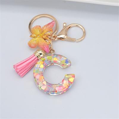 New Exquisite 26 Letter Resin Keychain with Pink Tassel Gradient Butterfly Pendant Key Ring Women Bag Ornaments Accessories Gift