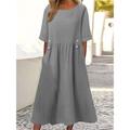 Women's Smock Dress Midi Dress Cotton Linen Ruched Ruffle Trim Solid Basic Daily Crew Neck Short Sleeve Summer White Purple