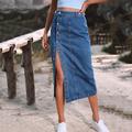 Women's Skirt Denim Midi Skirt Midi High Waist Skirts Split Ends Solid Colored Casual Daily Weekend Summer Denim Fashion Casual Black Navy Blue Dark Blue