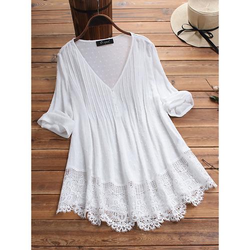 Women's Lace Shirt Blouse Eyelet top WhiteLaceShirt Tribal Casual 3/4 Length Sleeve V Neck Regular Tops Vacation Daily Beach Lace Flowing tunic Navy Watermelon Red White Pink Green Spring Fall