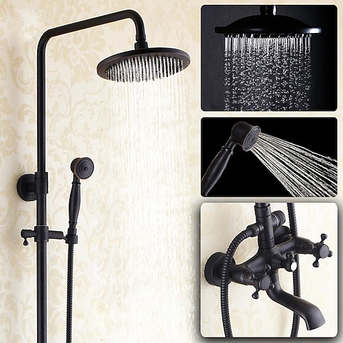set combinato di rubinetti per sistema doccia antico, kit soffione a pioggia da 8 con doccetta a parete, finitura galvanizzata in ottone rame nero stile vintage 2 maniglie Rubinetti per vasca a 3 fori con bodyspray