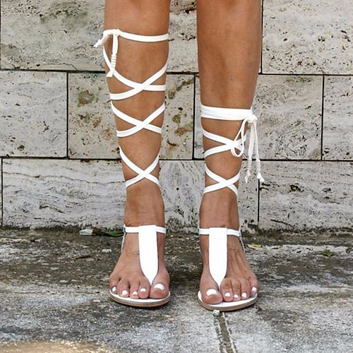 sandali gladiatore neri da donna con lacci alti fino al ginocchio – sandali romani bassi boho con cinturini per l'estate, la spiaggia e l'abbigliamento da festival