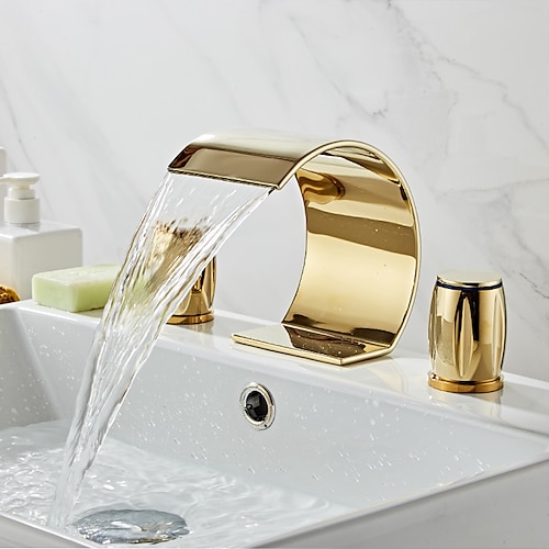 rubinetto miscelatore per lavabo da bagno diffuso, beccuccio ad arco a cascata in ottone 3 fori 2 rubinetti per lavabo a ponte montato, rubinetto per lavabo da bagno con tubo flessibile caldo e freddo