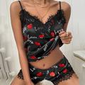 pigiama da donna pigiama da notte set 2 pezzi cuore lettera moda caldo gotico casa letto raso seta traspirante regalo v ferretto senza maniche top con spalline pantaloncini elastico in vita stampa
