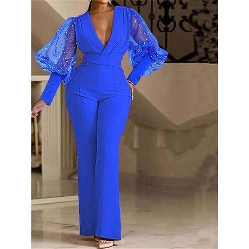 Per donna Normale Tuta Elegante Tinta unica Manica lunga A V Vita alta Matrimonio Feste Standard Blu Fucsia Verde Primavera