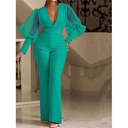 Per donna Normale Tuta Elegante Tinta unica Manica lunga A V Vita alta Matrimonio Feste Standard Blu Fucsia Verde Primavera